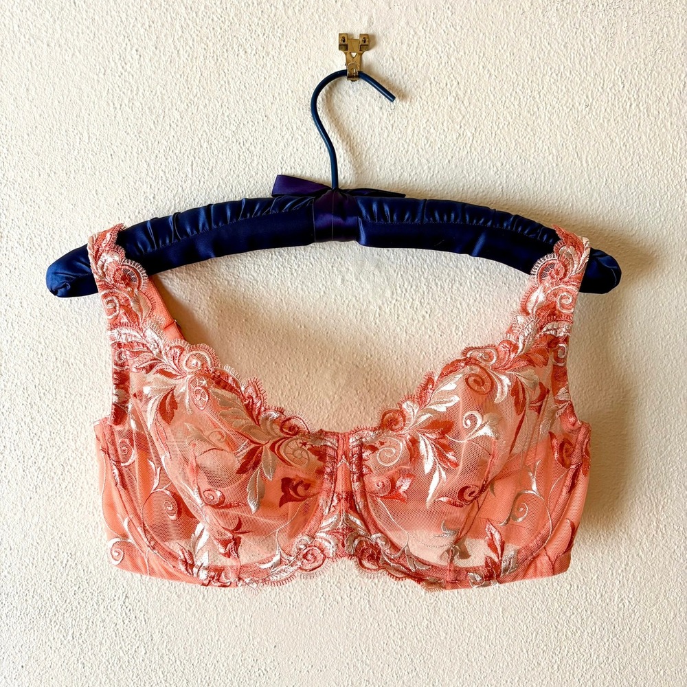 Soma Sensuous Lace Coral Peach Floral Embroidered Sheer Underwire Bra 36D NWOT